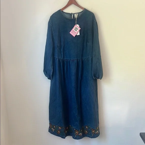 Lucy & Yak Maeve Midi Denim Dress with Myrtle Embroidery Long sleeves NWT Sz 16 - Picture 3 of 11